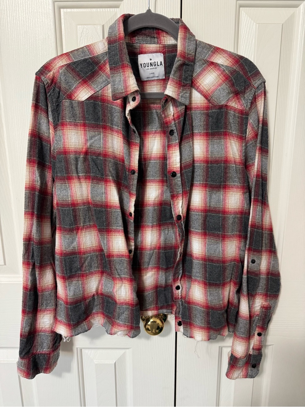 YOUNGLA Red Grey Plaid Snap-Button Flannel, Large, Raw Hem